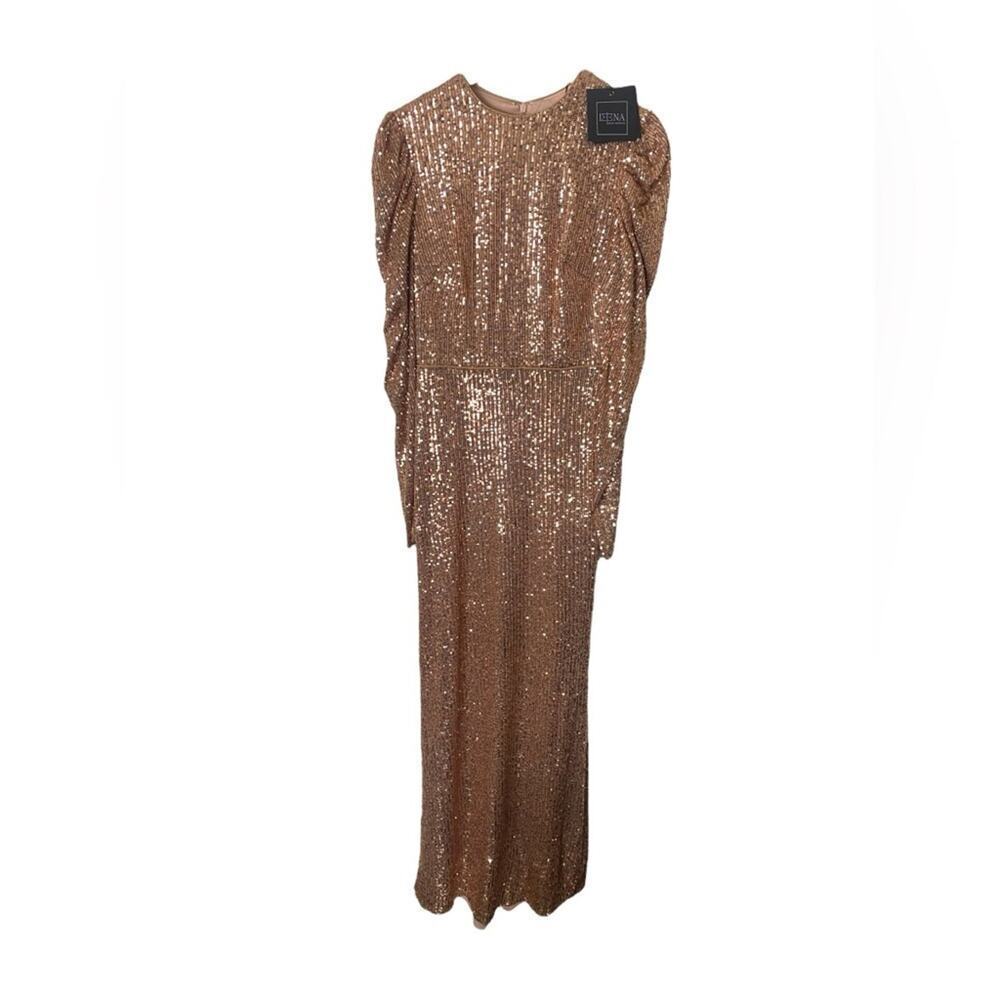 Mac Duggal SEQUINED HIGH NECK PUFF LONG SLEEVE COLUMN GOWN Gold 8 - Picture 2 of 7
